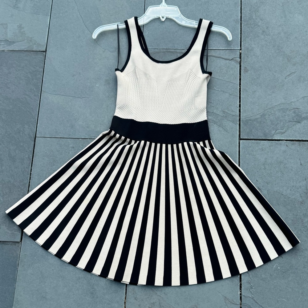 Sleeveless Black and Cream Striped Fit-and-Flare Dress